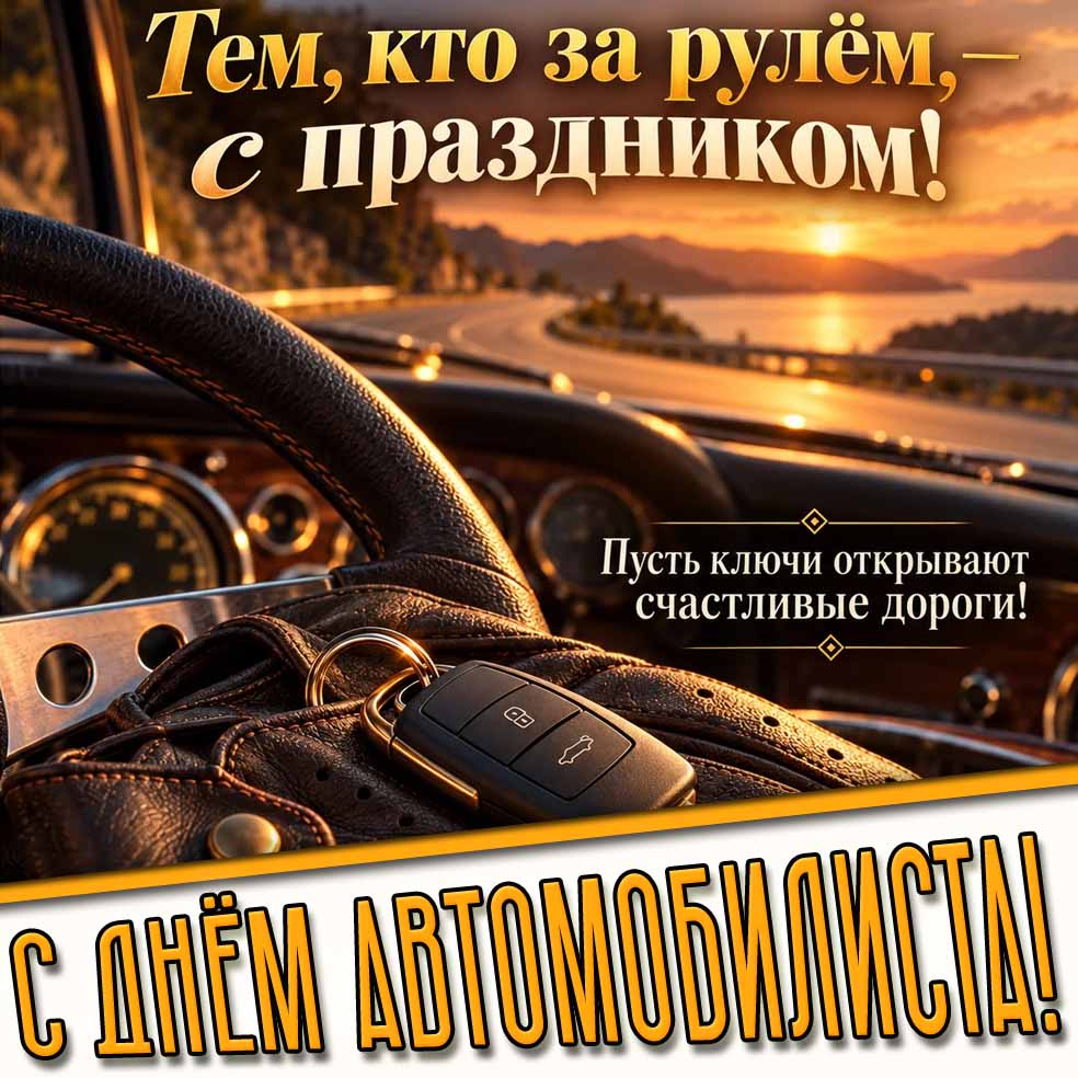 Стильная открытка с брелоком на руле на фоне заката и надписью : Тем, кто за рулём с праздником! С днём автомобилиста! Пусть ключи открывают счастливые дороги! Открытка "Тем, кто за рулём с праздником! С днём автомобилиста! Пусть ключи открывают счастливые дороги!"