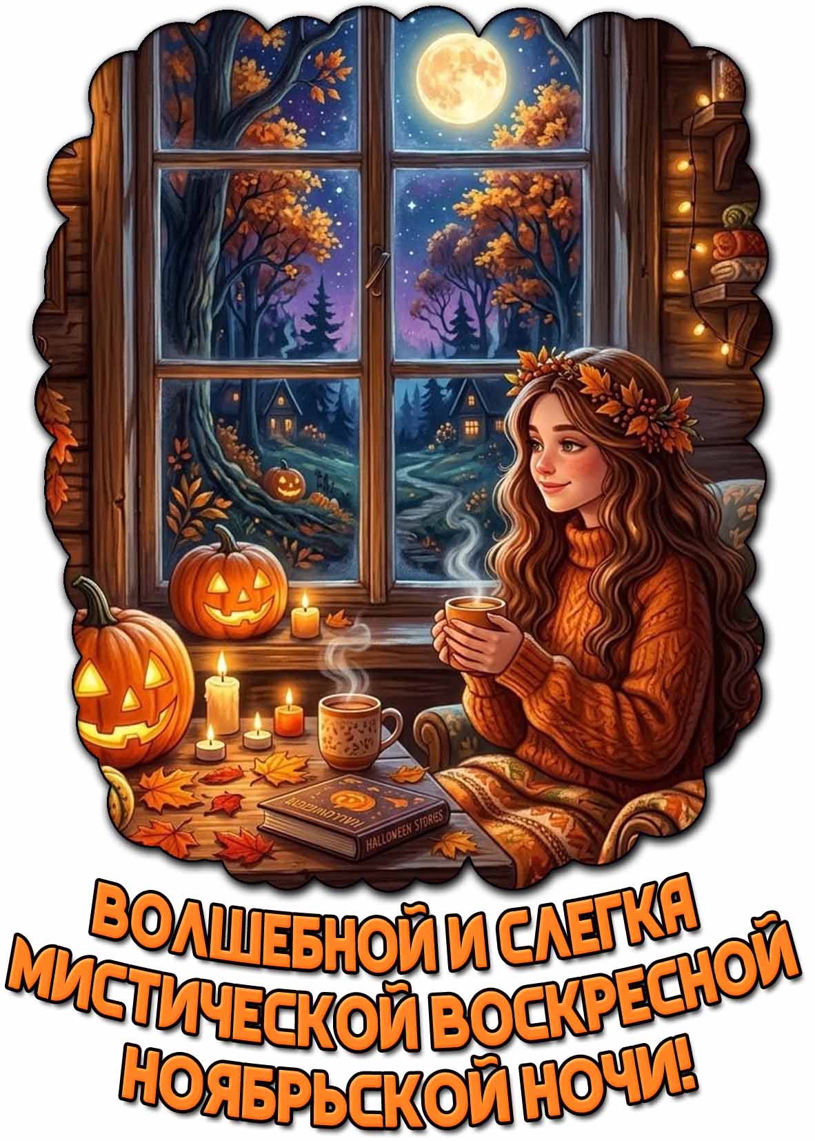 Красивая открытка с девушкой с кофе за столом со свечами, кленовыми листьями, зловещими тыквами на фоне полной луны за окном, чтобы пожелать : Волшебной и слегка мистической воскресной ноябрьской ночи! Открытка "Волшебной и слегка мистической воскресной ноябрьской ночи!"