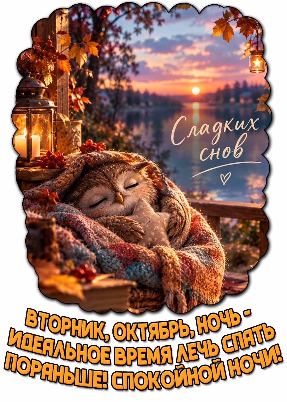 Открытка "Вторник, октябрь, ночь - идеальное время лечь спать пораньше! Спокойной ночи! Сладких снов!"