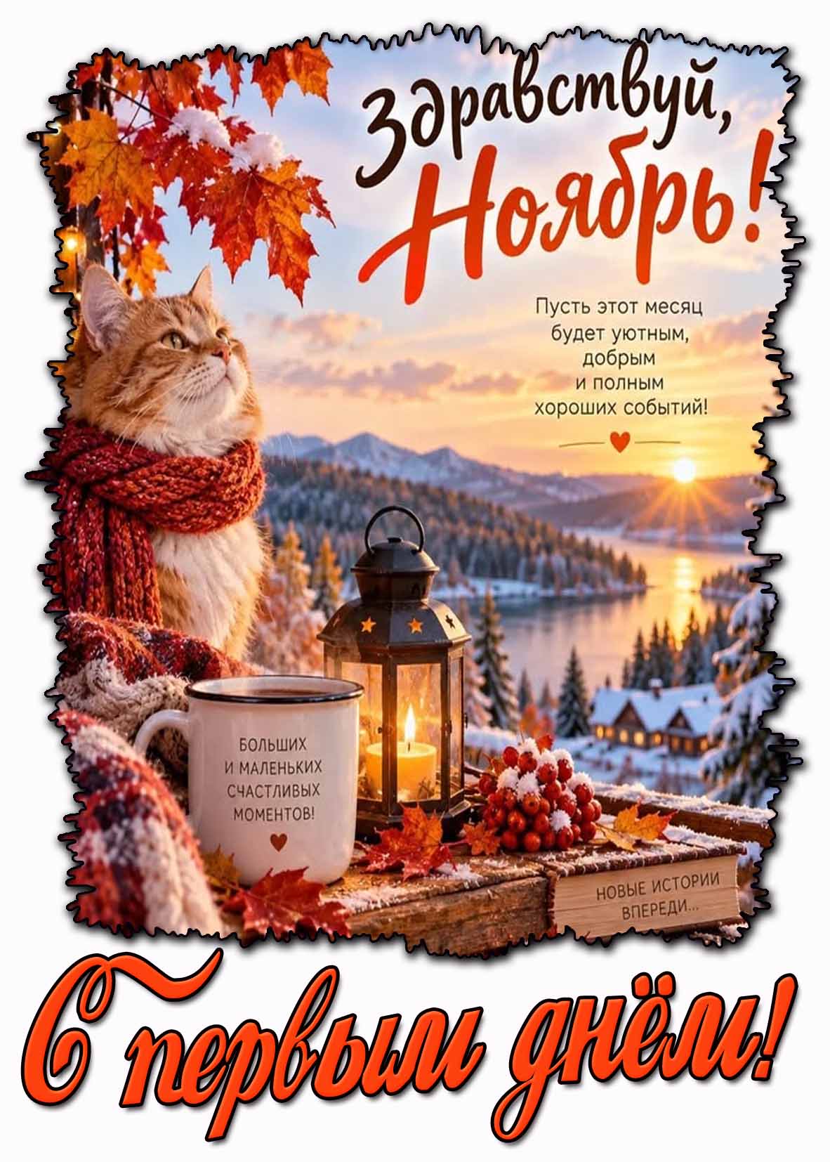 Открытка "Здравствуй, ноябрь! С первым днём! Пусть этот месяц будет уютным, добрым и полным хороших событий!"
