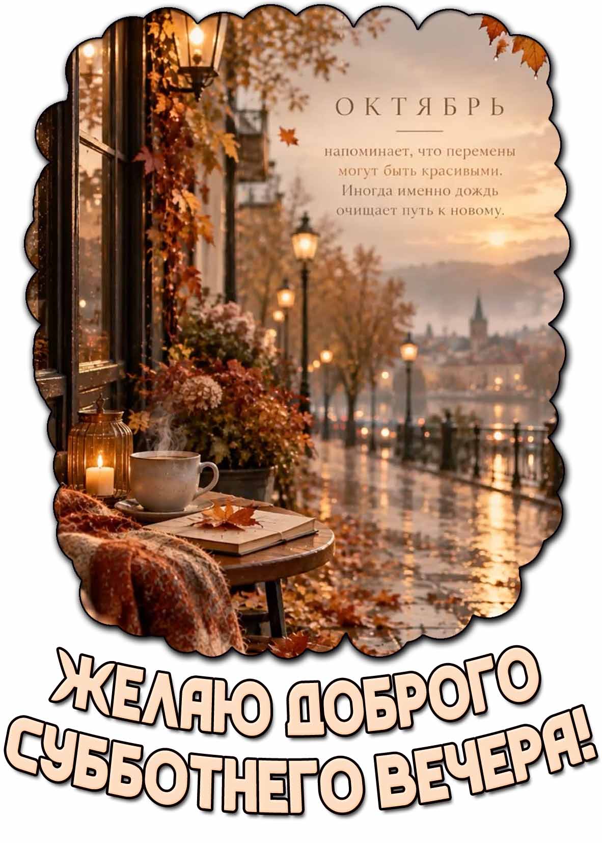 Открытка "Желаю доброго субботнего вечера! Октябрь напоминает, что перемены могут быть красивыми! Иногда именно дождь очищает путь к новому!"