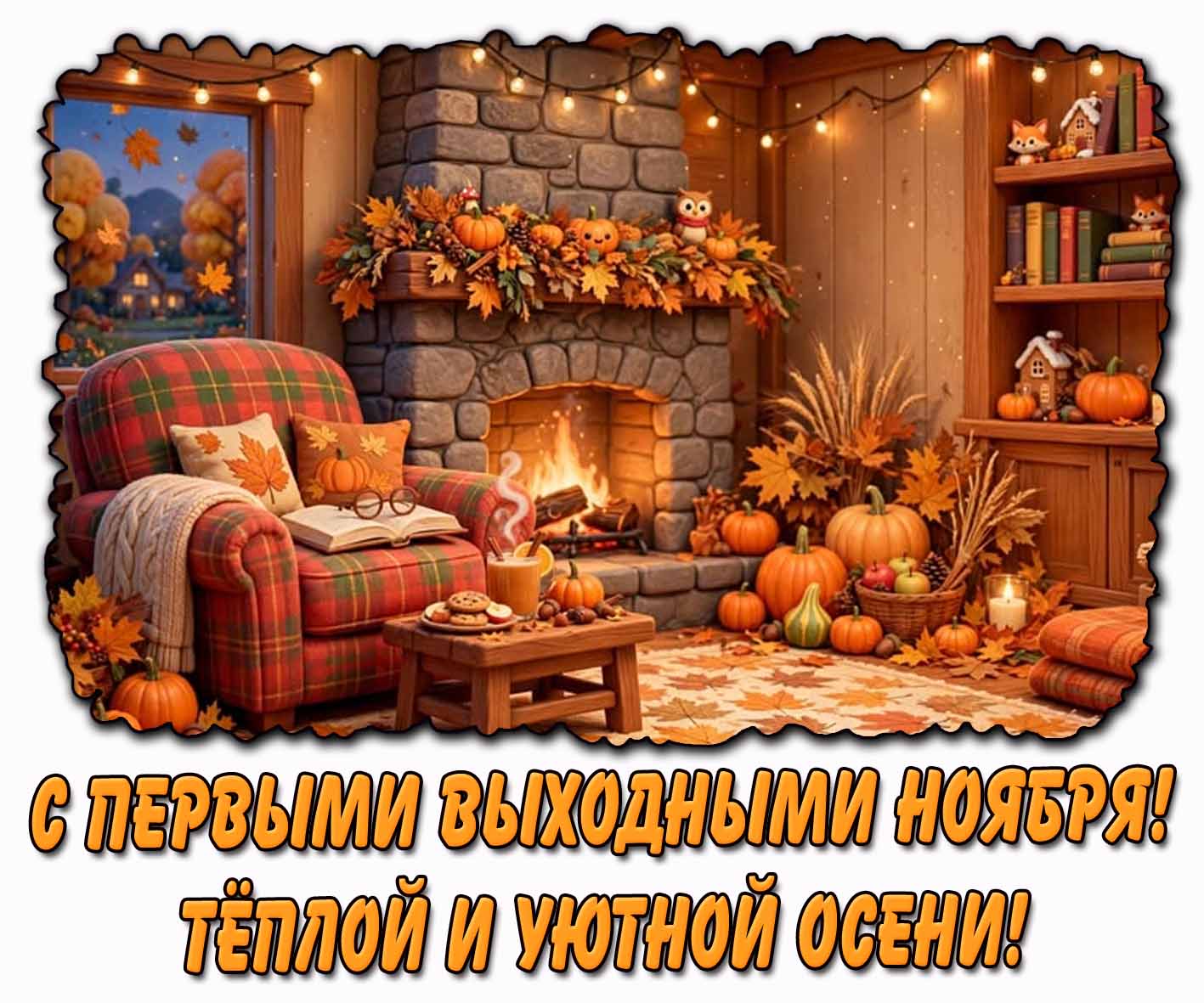 Открытка "С первыми выходными ноября! Тёплой и уютной осени!"