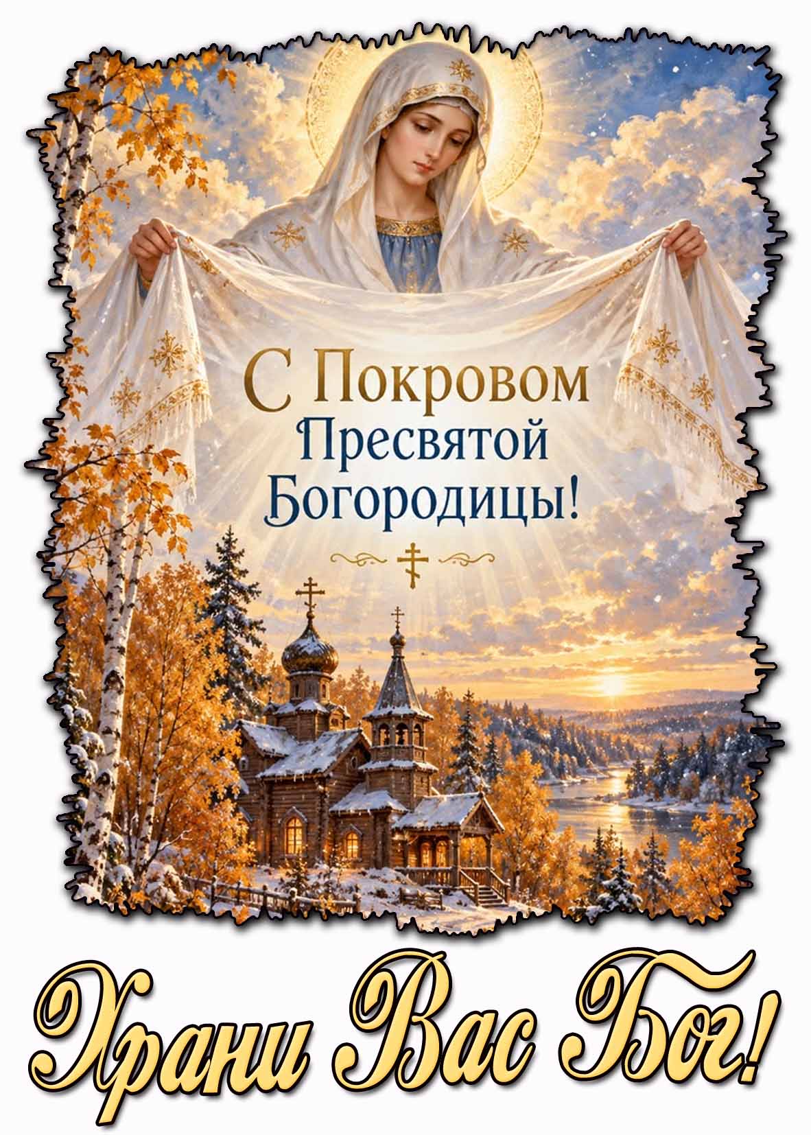 Осенне-зимняя открытка "С Покровом Пресвятой Богородицы! Храни Вас Бог!"