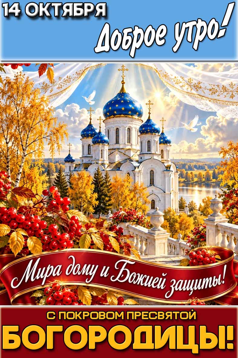 Красивая картинка "14 октября доброе утро! С Покровом Пресвятой Богородицы! Мира дому и Божией защиты!"