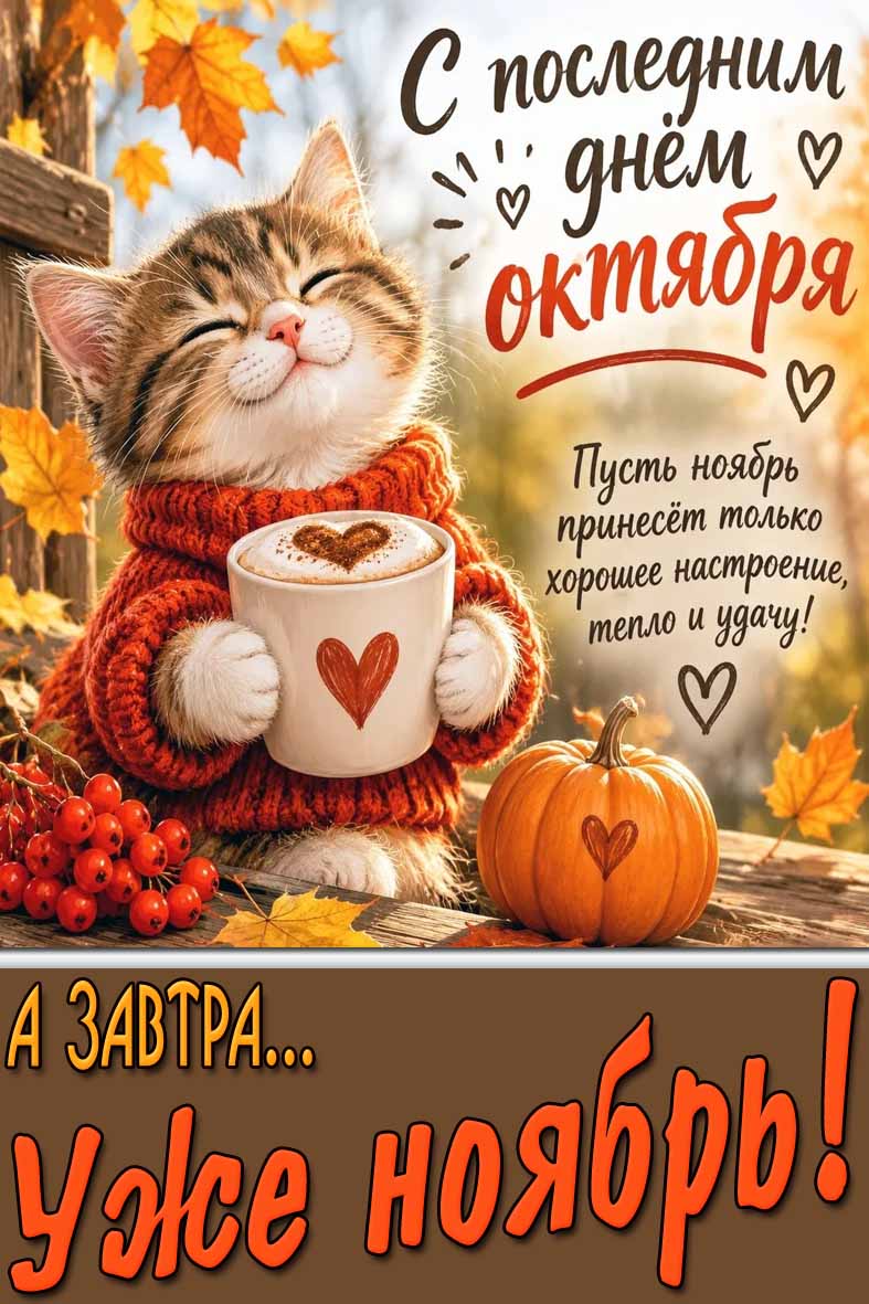 Осенняя картинка с прикольным котиком с кофе и тыквой на фоне падающих листьев, чтобы поздравить : С последним днём октября! А завтра уже ноябрь! Пусть ноябрь принесёт только хорошее настроение, тепло и удачу! Прикольная картинка "С последним днём октября! А завтра уже ноябрь! Пусть ноябрь принесёт только хорошее настроение, тепло и удачу!"