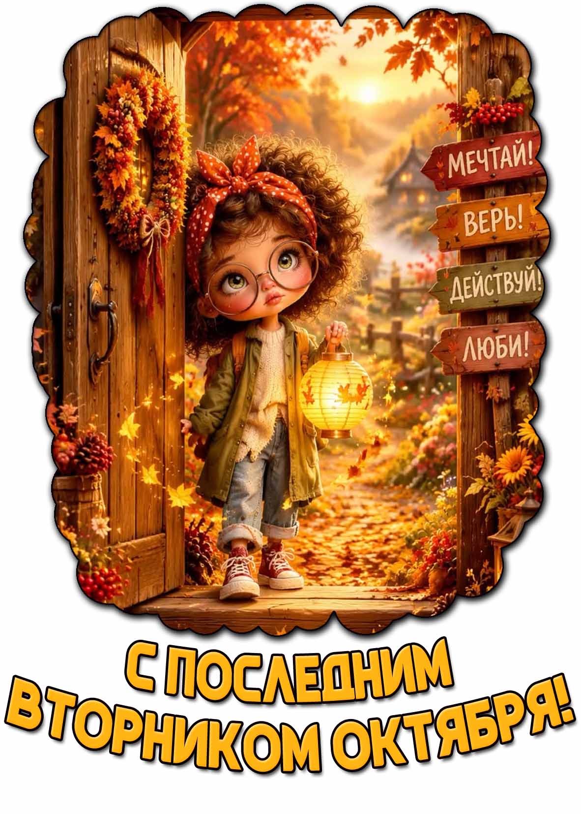 Открытка "С последним вторником октября! Мечтай! Верь! Действуй! Люби!"