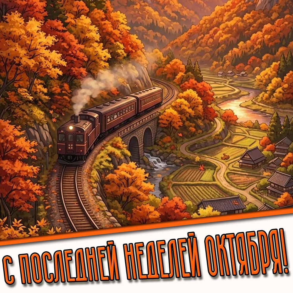 С последней неделей октября! - осенняя открытка с поездом