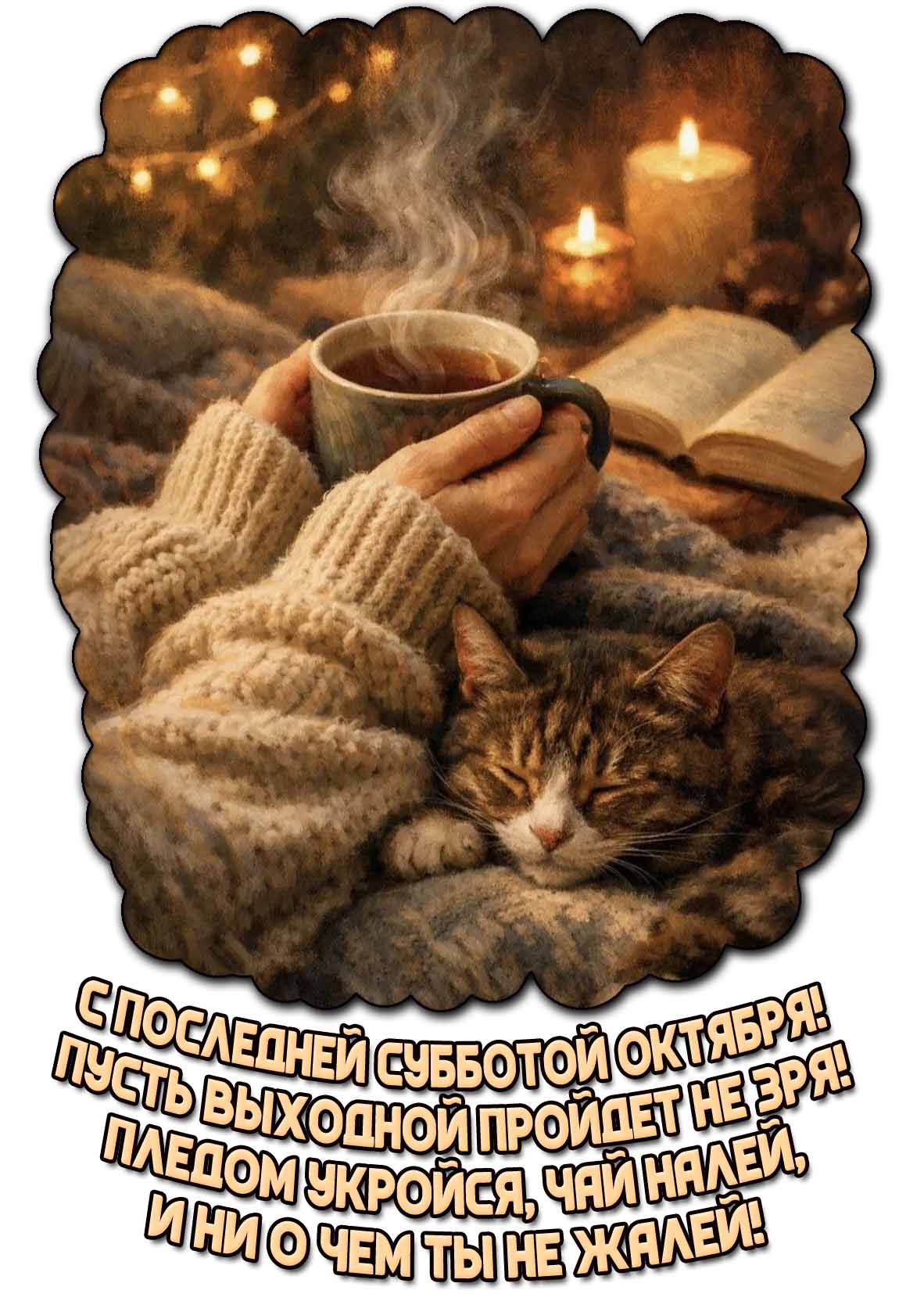 Картинка "С последней субботой октября! Пусть выходной пройдет не зря! Пледом укройся, чай налей, и ни о чем ты не жалей!"