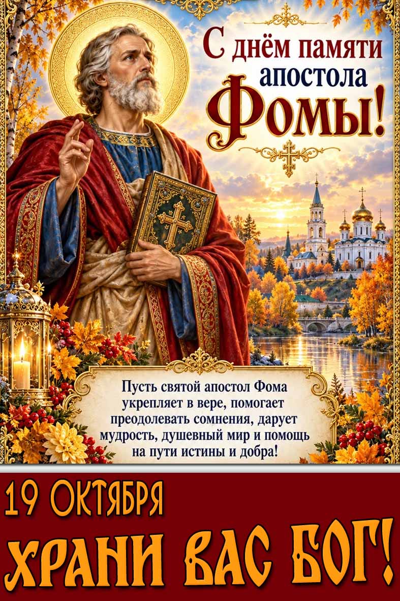 Красивая осенняя открытка с цветами, свечой, ликом святого ученика Христа на фоне православного храма к 19 октября - с днём памяти апостола Фомы! Храни Вас Бог! Пусть святой апостол Фома укрепляет в вере, помогает преодолевать сомнения, дарует мудрость, душевный мир и помощь на пути истины и добра! Поздравительная открытка 19 октября - с днём памяти апостола Фомы! Храни Вас Бог!