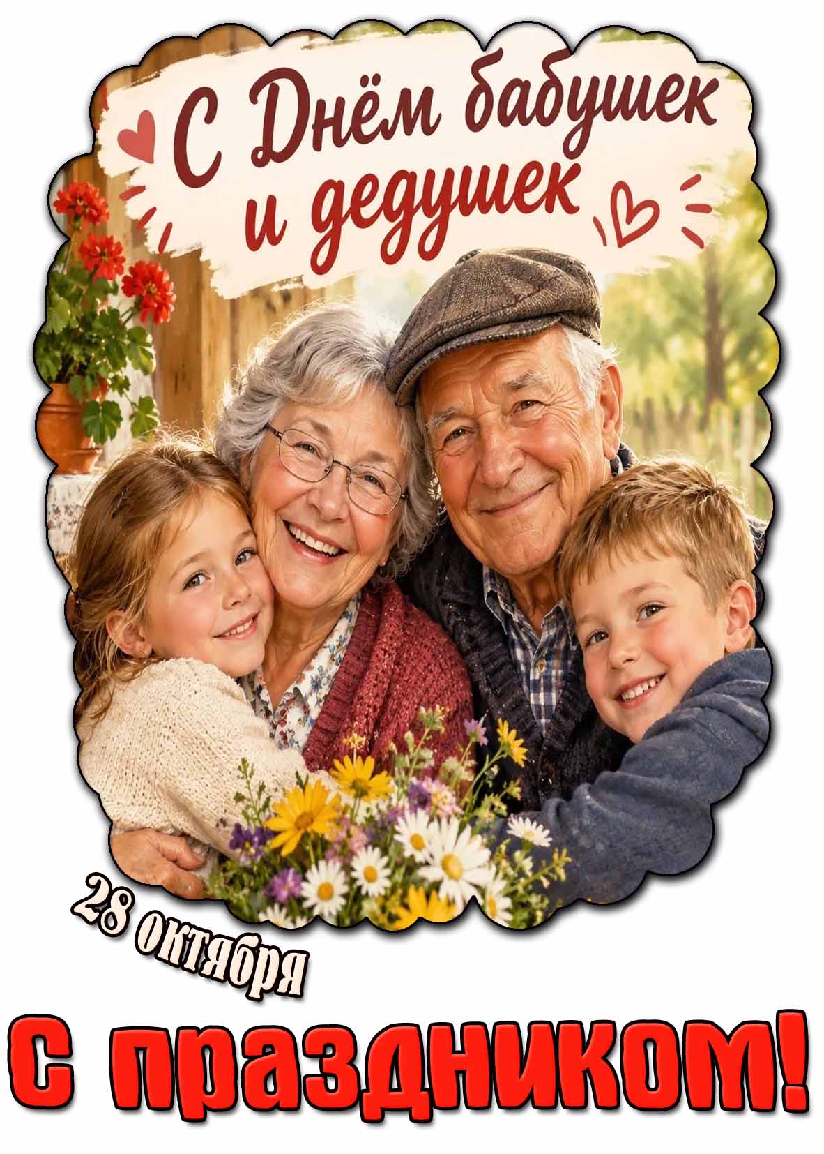 Красивая открытка с цветами, позитивными дедулей с бабулей с внуками на руках к 28 октября - с днём бабушек и дедушек! С праздником! Позитивная открытка на 28 октября - с днём бабушек и дедушек! С праздником!