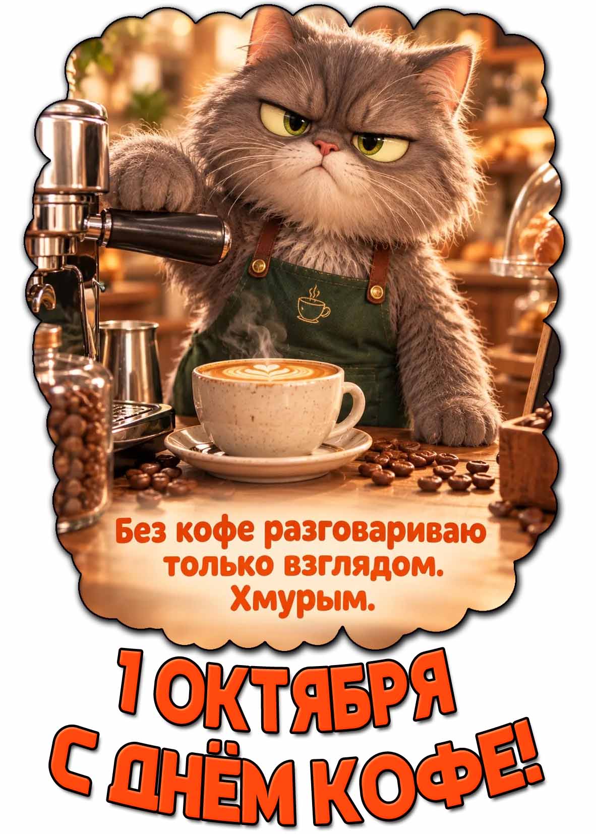Прикольная картинка 1 октября - с днём кофе! Без кофе разговариваю только взглядом. Хмурым.