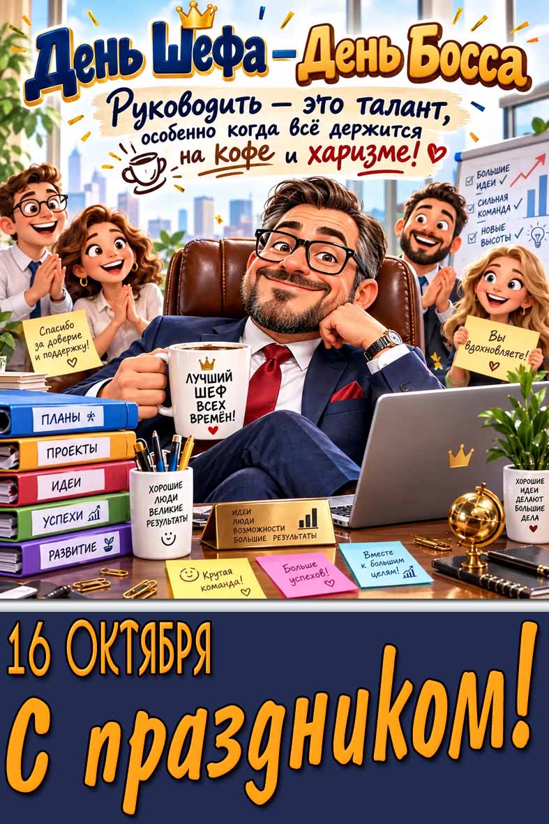 Прикольная картинка 16 октября - день Шефа-Босса! Руководить - это талант, особенно когда всё держится на кофе и харизме! С праздником!