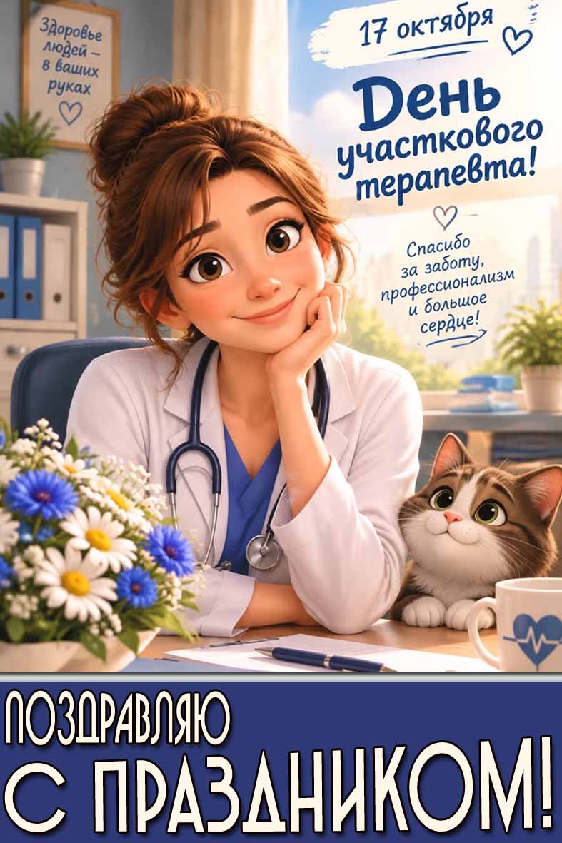 Прикольная картинка 17 октября - день участкового терапевта! Спасибо за заботу, профессионализм и большое сердце! Поздравляю с праздником!