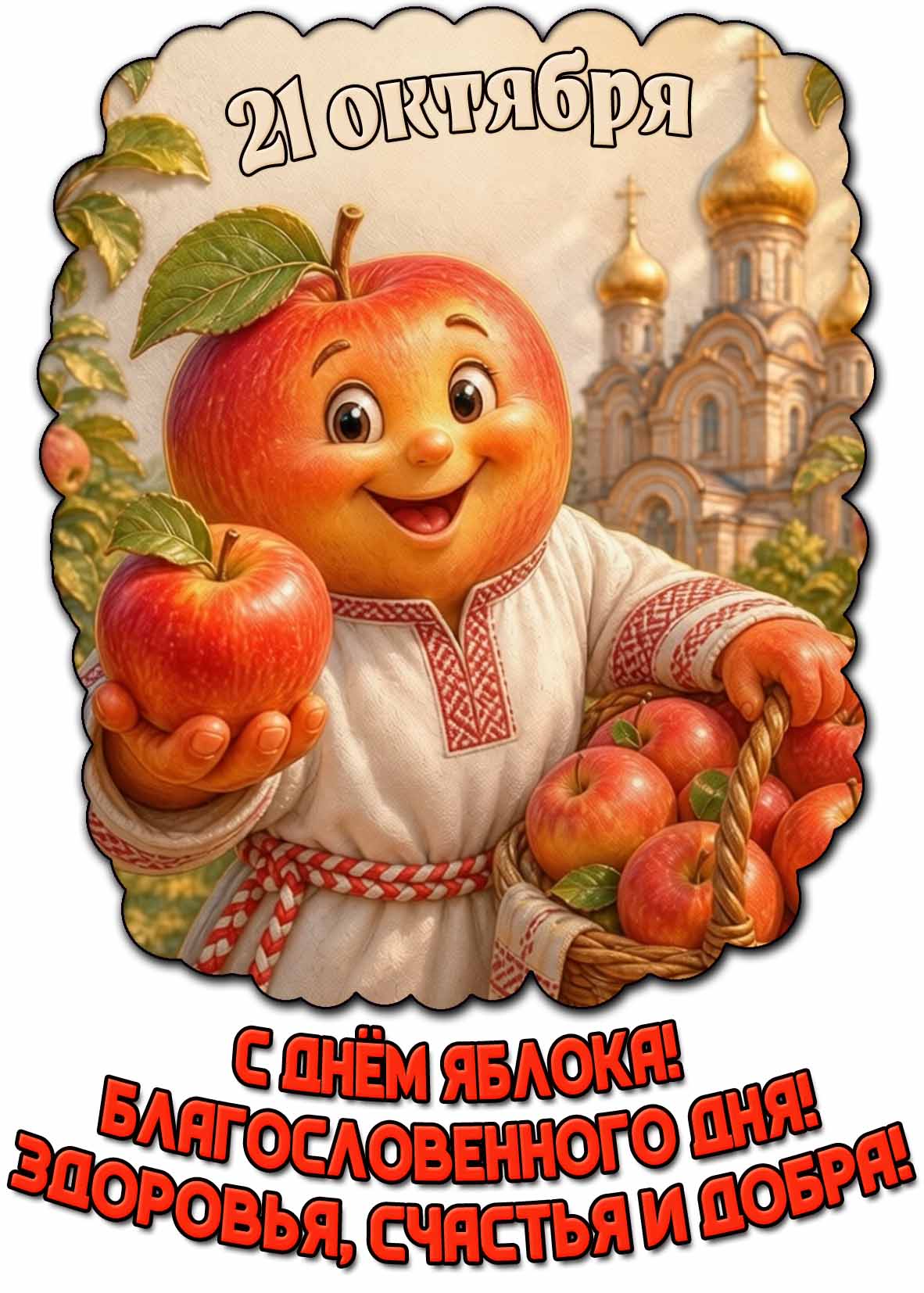 Красивая картинка с мультяшным-православным яблоком на фоне храма к празднику 21 октября - С днём яблока! Благословенного дня! Здоровья, счастья и добра! Прикольная картинка 21 октября - С днём яблока! Благословенного дня! Здоровья, счастья и добра!