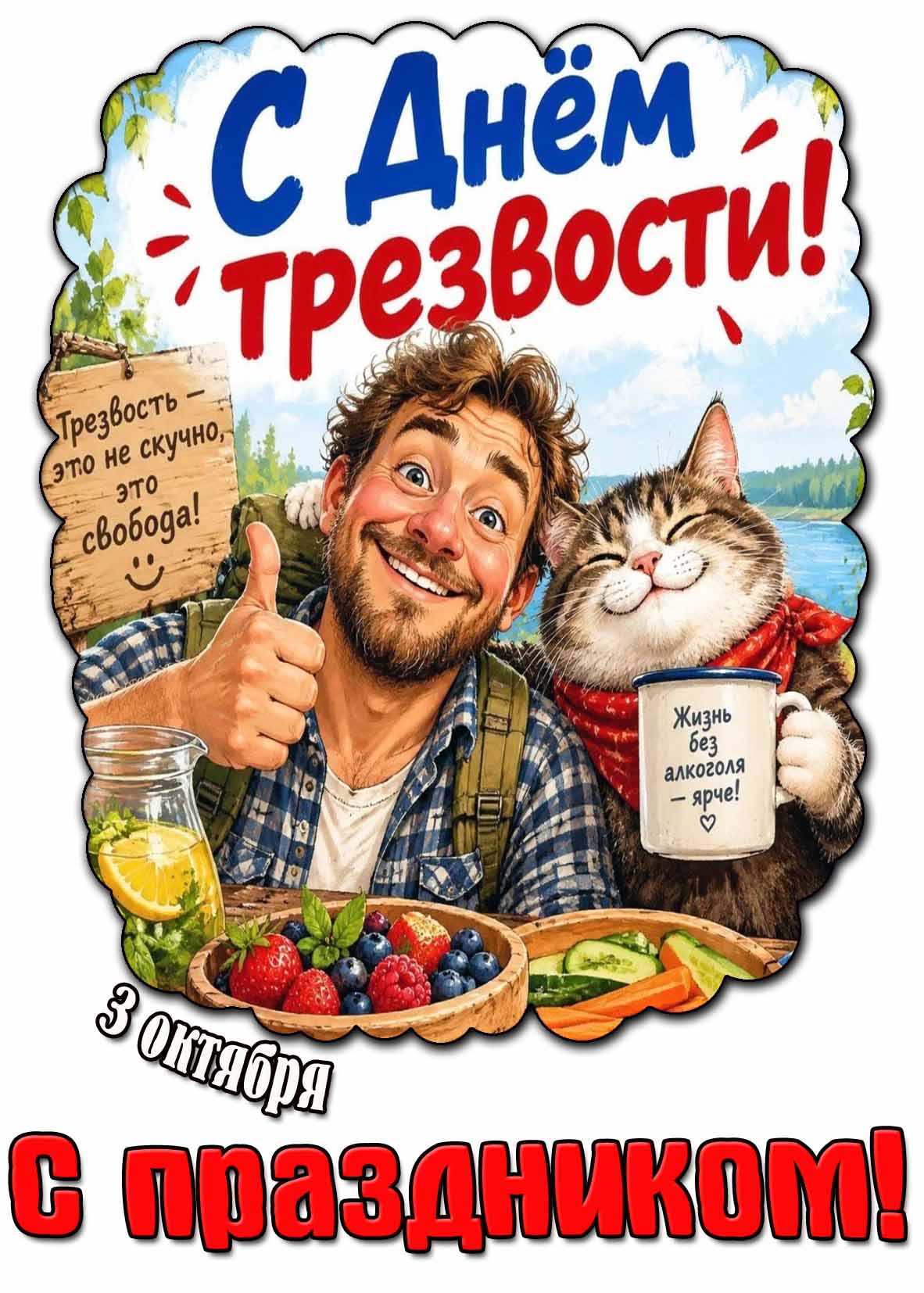 Прикольная картинка 3 октября - с днём трезвости! Трезвость - это не скучно, это свобода! Жизнь без алкоголя - ярче! С праздником!