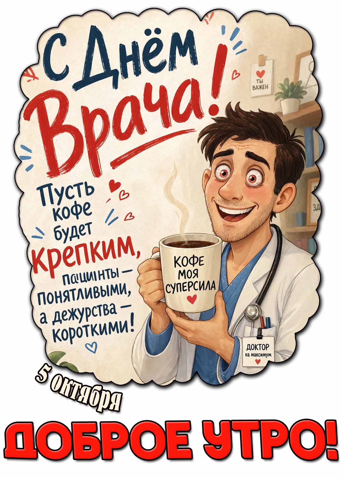 Прикольная картинка 5 октября - доброе утро! С днём врача! Пусть кофе будет крепким, пациенты понятливыми, а дежурства короткими!