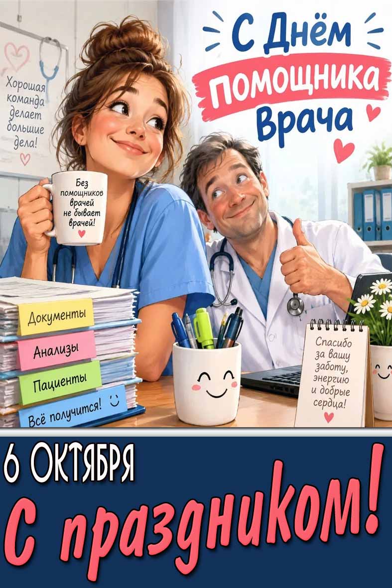 Прикольная картинка 6 октября - с днём помощника врача! Спасибо за вашу заботу, энергию и добрые сердца! С праздником!