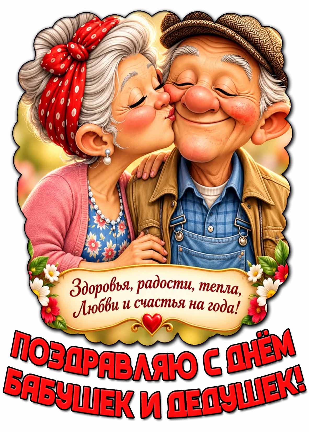 Прикольная мультяшная картинка с надписью : Поздравляю с днём бабушек и дедушек! Здоровья, радости, тепла, любви и счастья на года!