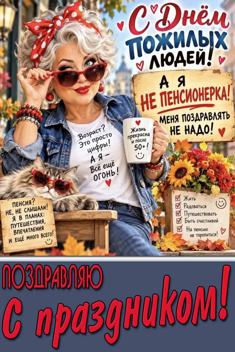 Прикольная картинка "С днём пожилых людей! Поздравляю с праздником!"