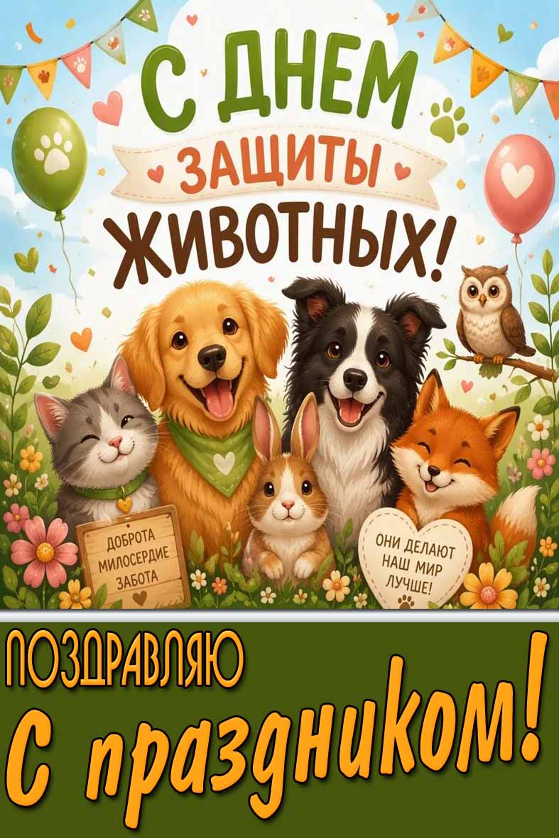 Прикольная картинка "С днём защиты животных! Доброта! Милосердие! Забота! Они делают наш мир лучше! Поздравляю с праздником!"