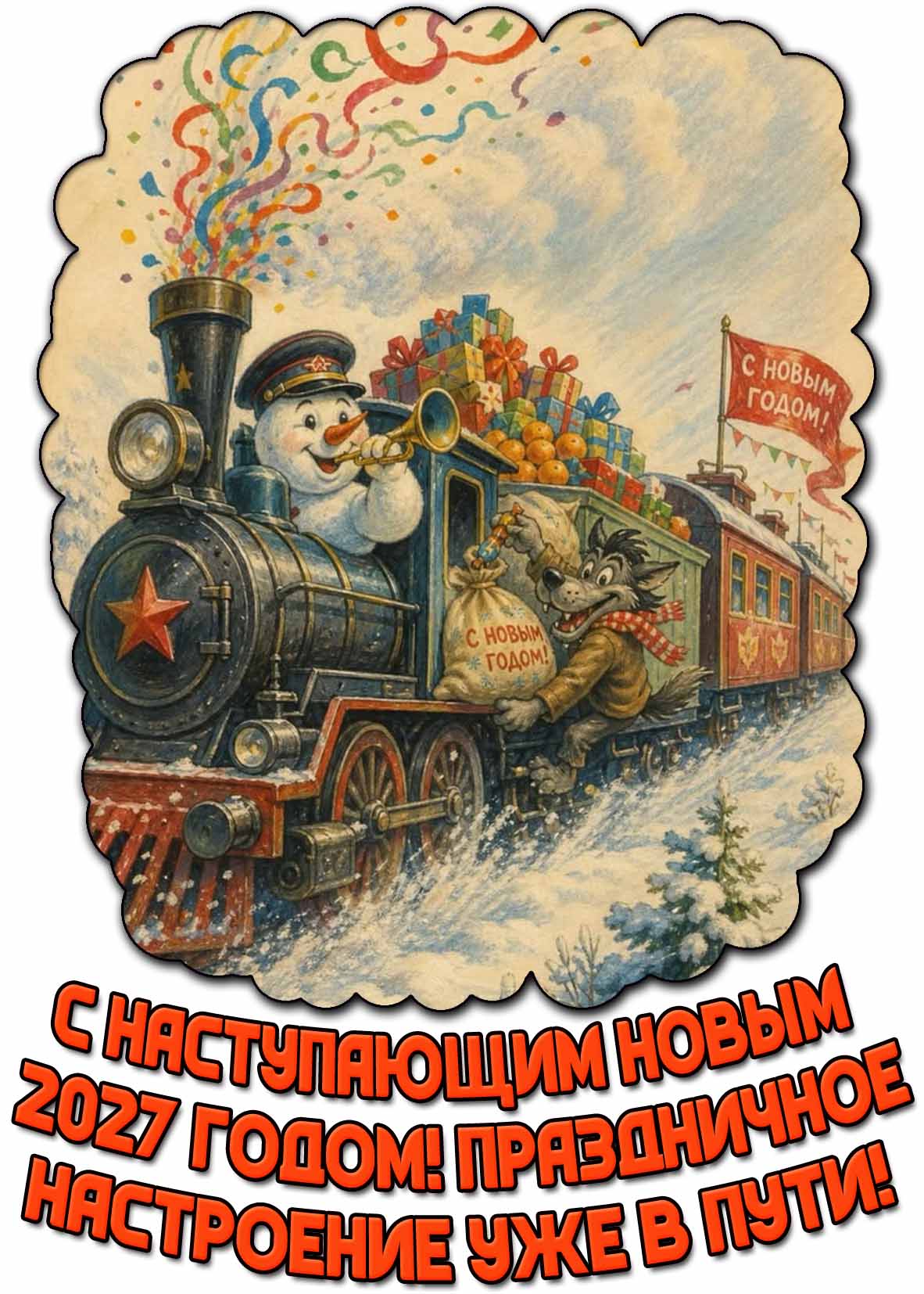 Прикольная картинка в стиле Советских мультиков со снеговиком и волком на праздничном поезде с подарками и апельсинами, чтобы поздравить : С наступающим новым 2027 годом! Праздничное настроение уже в пути! Прикольная картинка "С наступающим новым 2027 годом! Праздничное настроение уже в пути!"