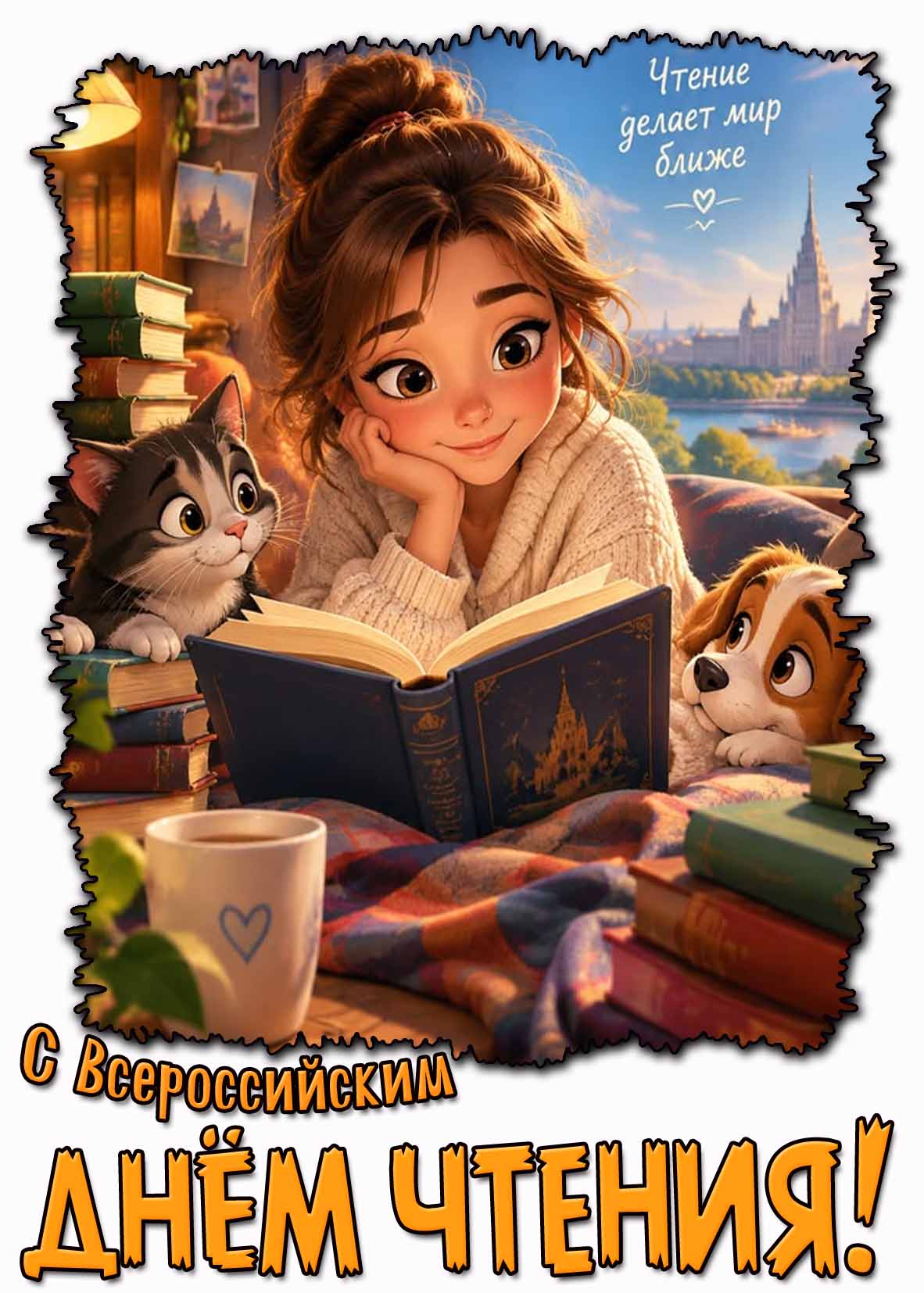 Прикольная картинка "С Всероссийским днём чтения! Чтение делает мир ближе!"