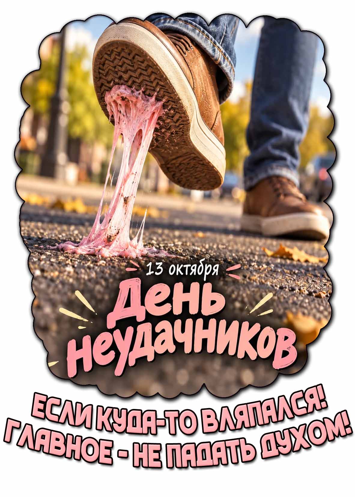 Прикольная открытка 13 октября - день неудачников! Если куда-то вляпался! Главное - не падать духом!