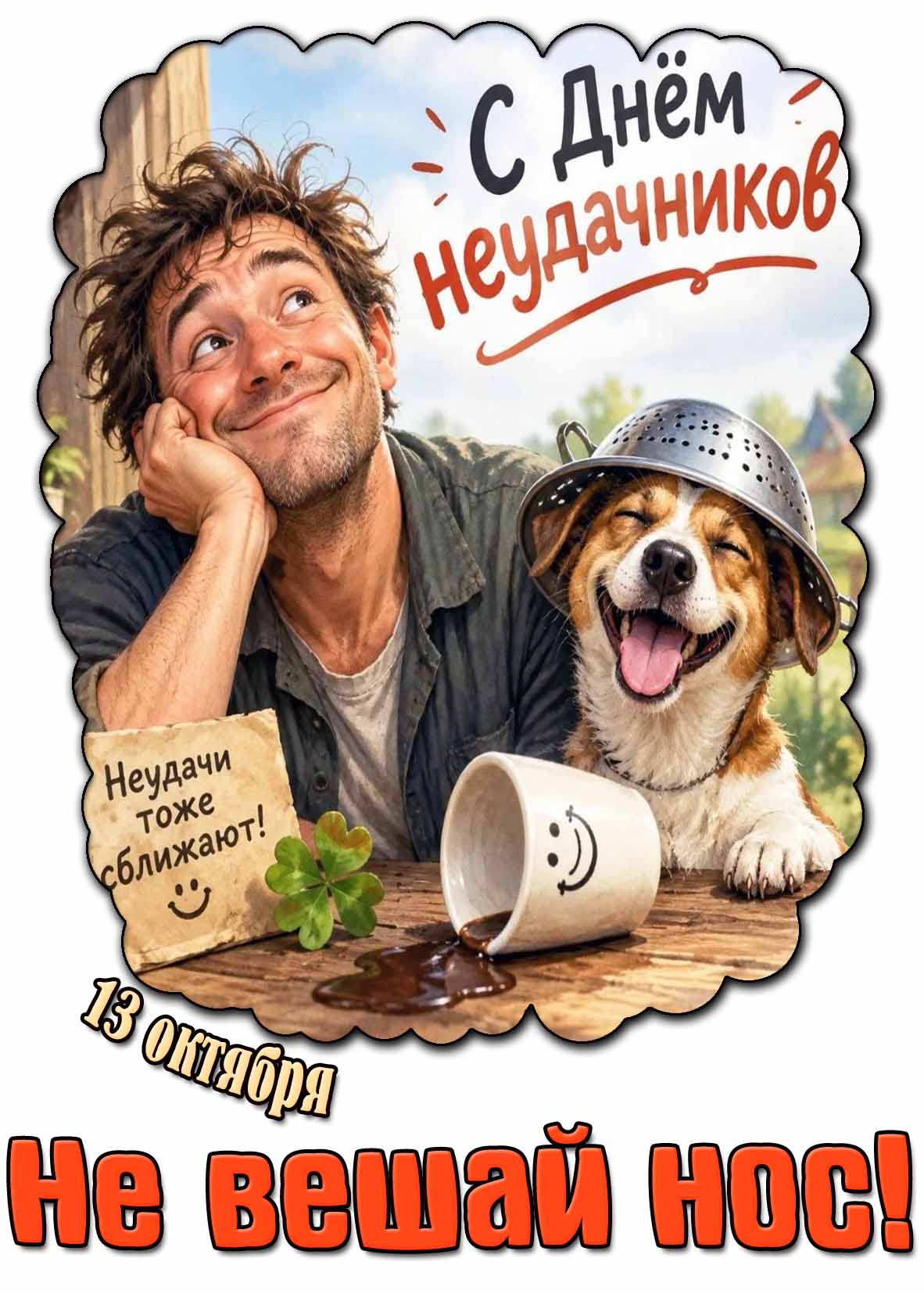 Прикольная открытка 13 октября - с днём неудачников! Неудачи тоже сближают! Не вешай нос!