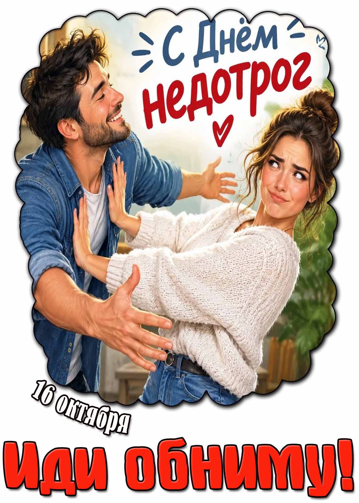 Прикольная открытка 16 октября - с днём недотрог! Иди обниму!