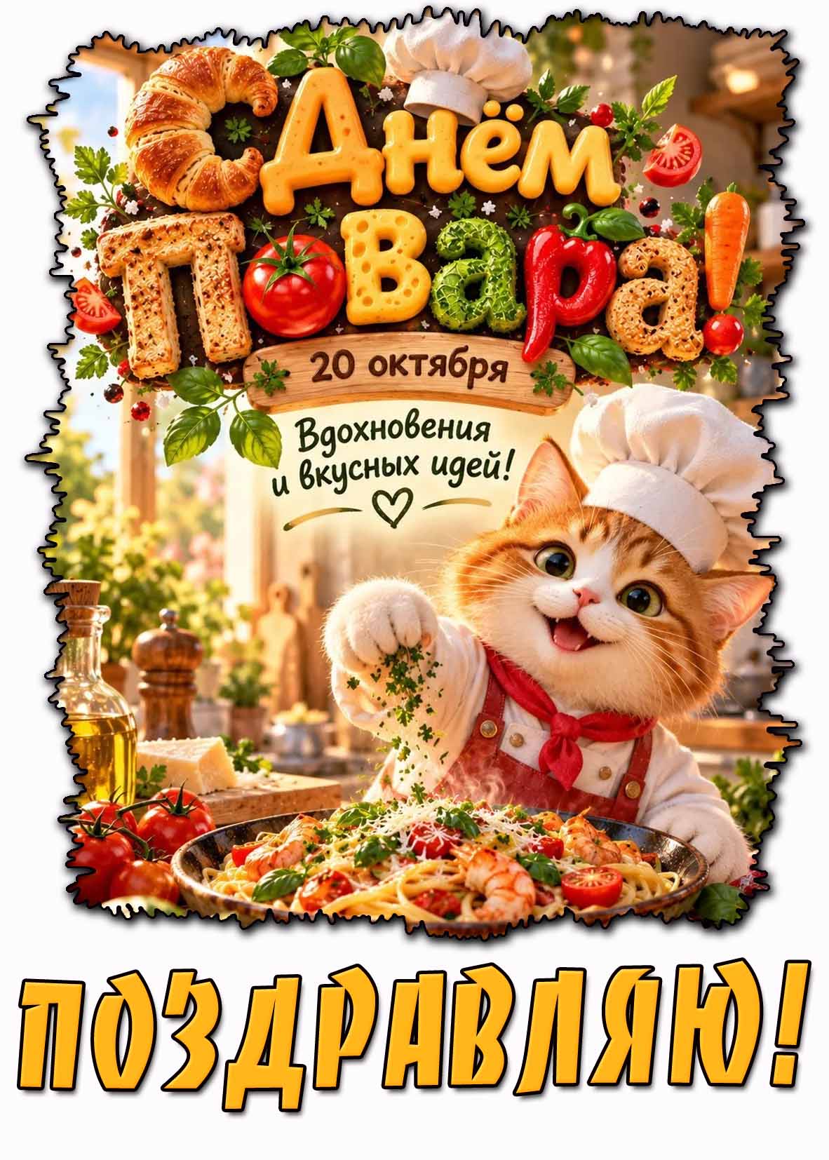 Прикольная открытка 20 октября - с днём повара! Вдохновения и вкусных идей! Поздравляю!