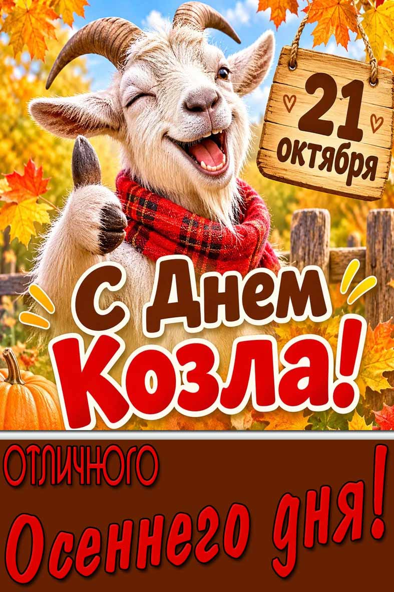 Красивая открытка с прикольным, позитивным и радостным козликом на фоне кленовых листьев к празднику 21 октября - с днём козла! Отличного осеннего дня! Прикольная открытка 21 октября - с днём козла! Отличного осеннего дня!