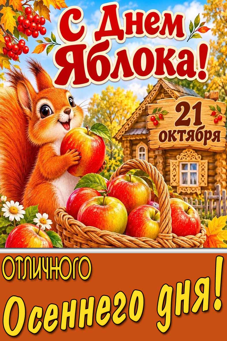 Красивая открытка с прикольной белочкой с корзиной сочных яблочек на фоне домика к празднику 21 октября - с днём яблока! Отличного осеннего дня! Прикольная открытка 21 октября - с днём яблока! Отличного осеннего дня!