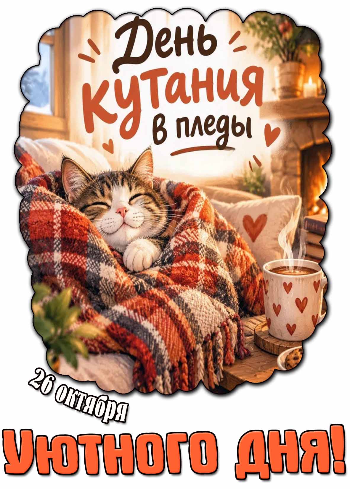 Открытка с чашкой горячего какао, прикольным котиком по пледом у камина к празднику 26 октября - день кутания в пледы! Уютного дня! Прикольная открытка 26 октября - день кутания в пледы! Уютного дня!