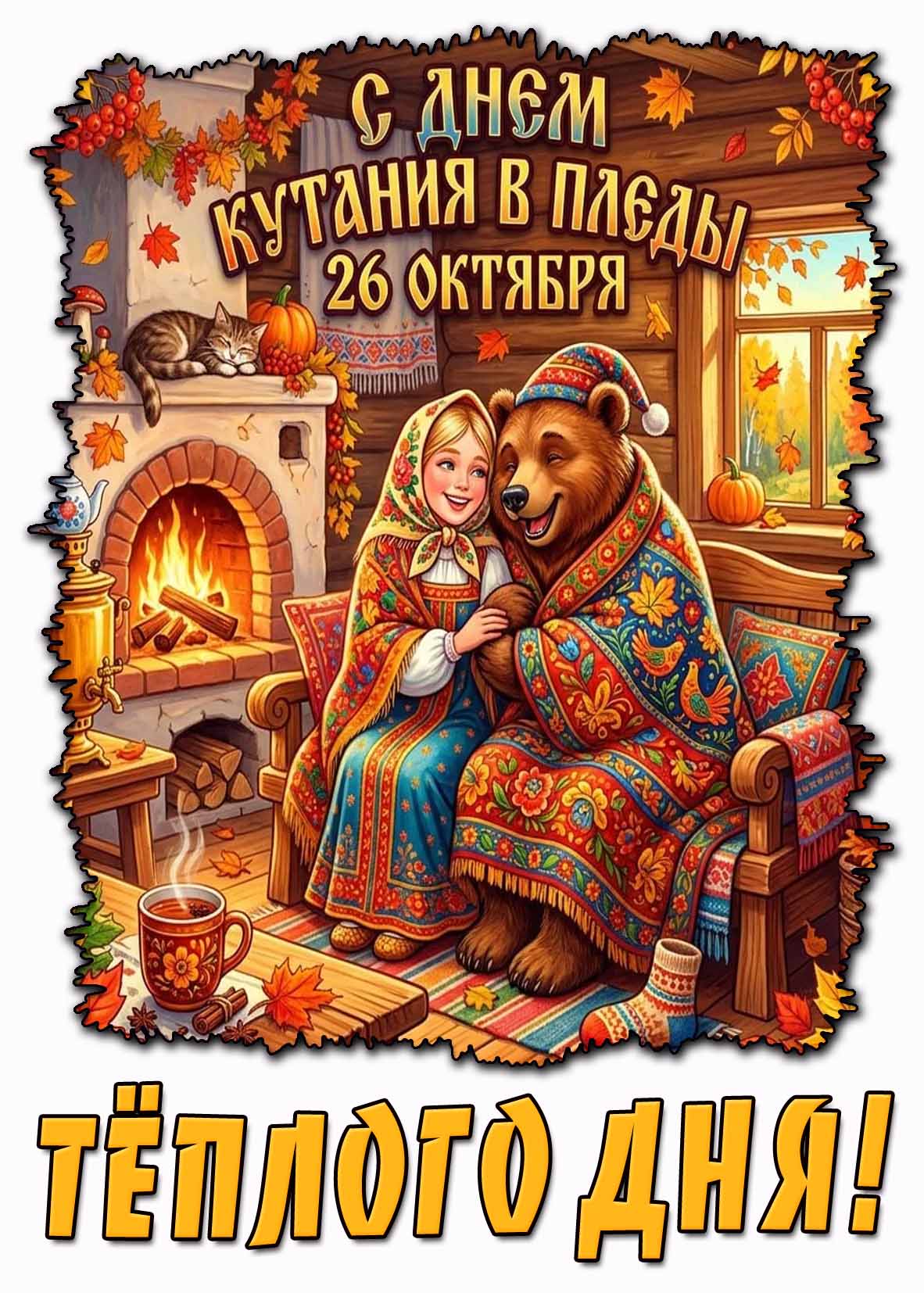 Прикольная открытка 26 октября - с днём кутания в пледы! Тёплого дня!