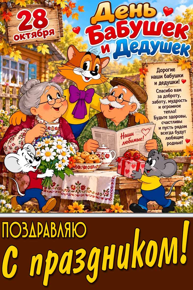 Прикольная открытка 28 октября - день бабушек и дедушек! Поздравляю с праздником!