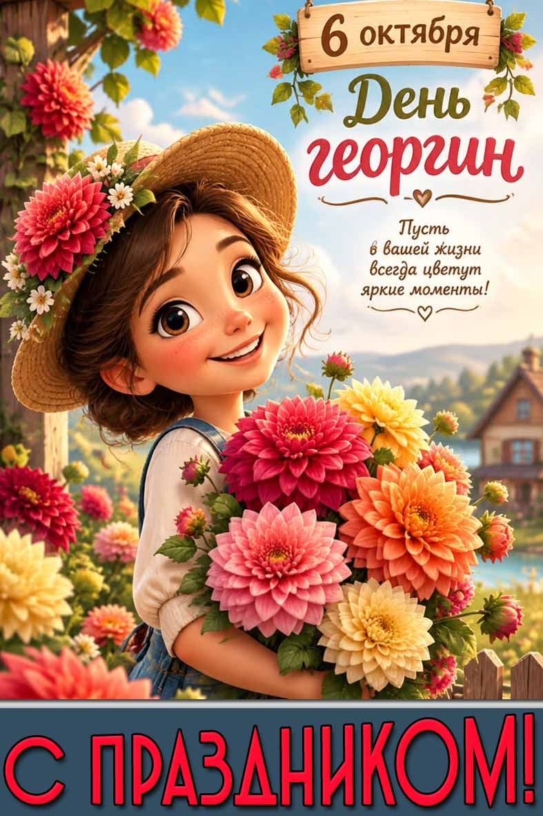 Прикольная открытка 6 октября - день георгин! Пусть в вашей жизни всегда цветут яркие моменты! С праздником!