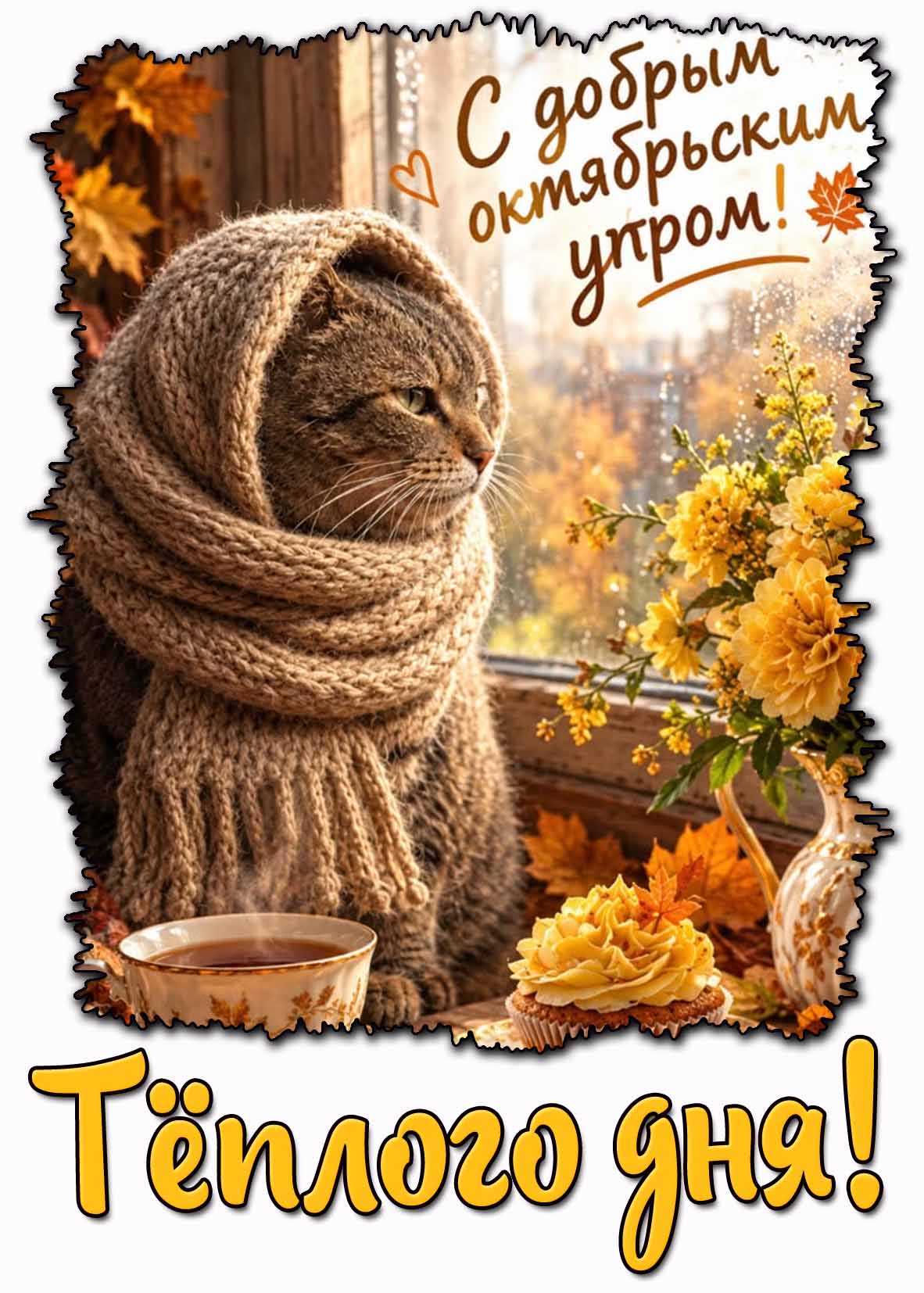 Прикольная открытка "С добрым октябрьским утром! Тёплого дня!"