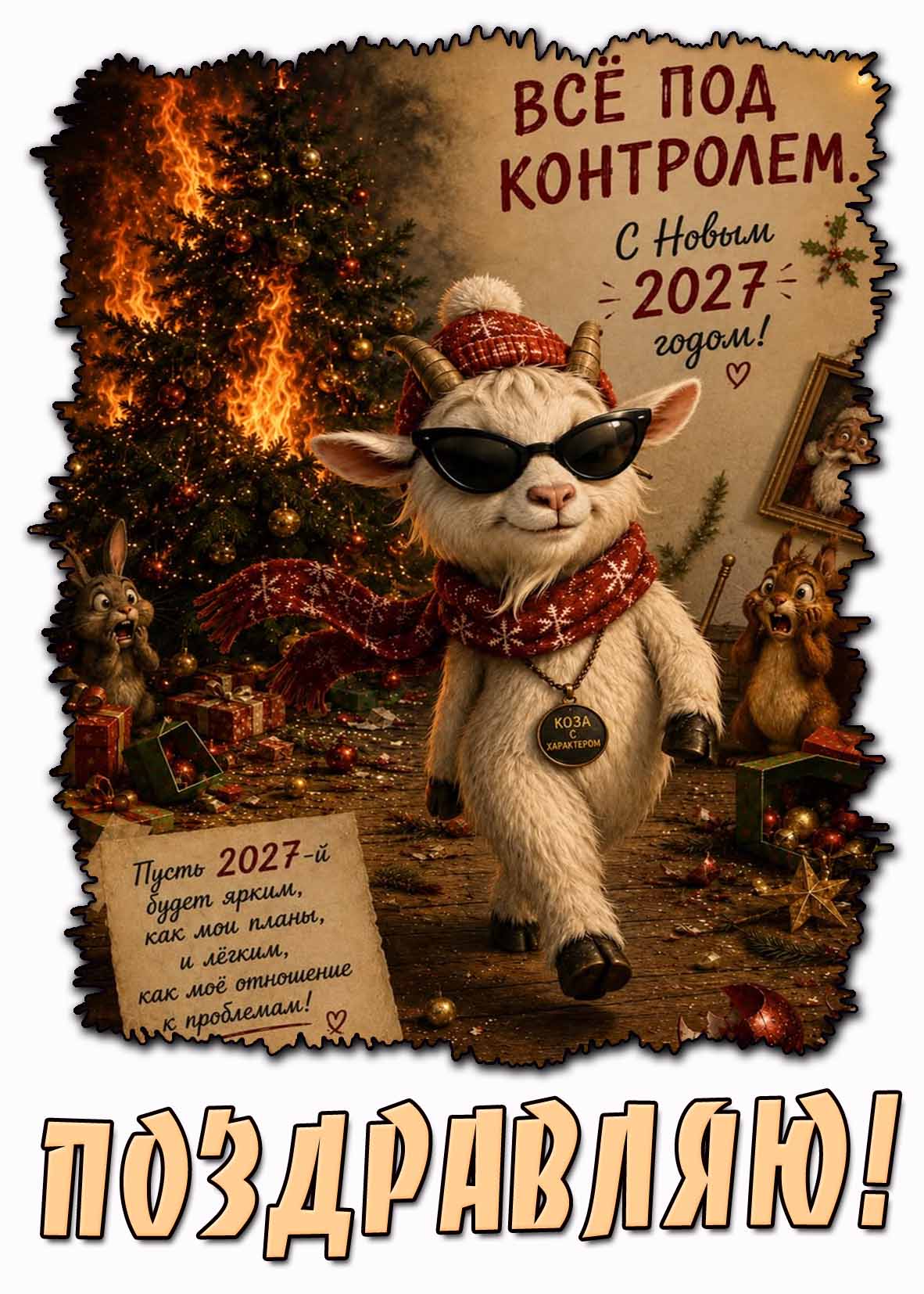 Прикольная открытка "С новым 2027 годом! Всё под контролем! Поздравляю!"