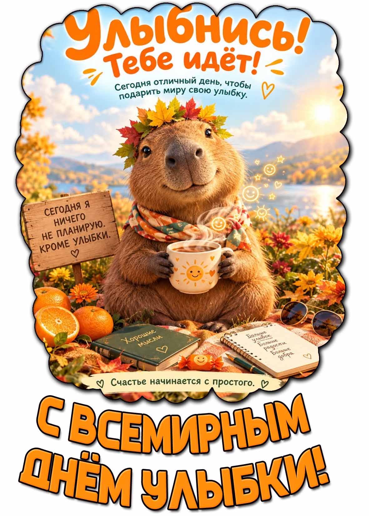 Прикольная открытка "С Всемирным днём улыбки! Улыбнись тебе идёт! Сегодня отличный день, чтобы подарить миру свою улыбку!"