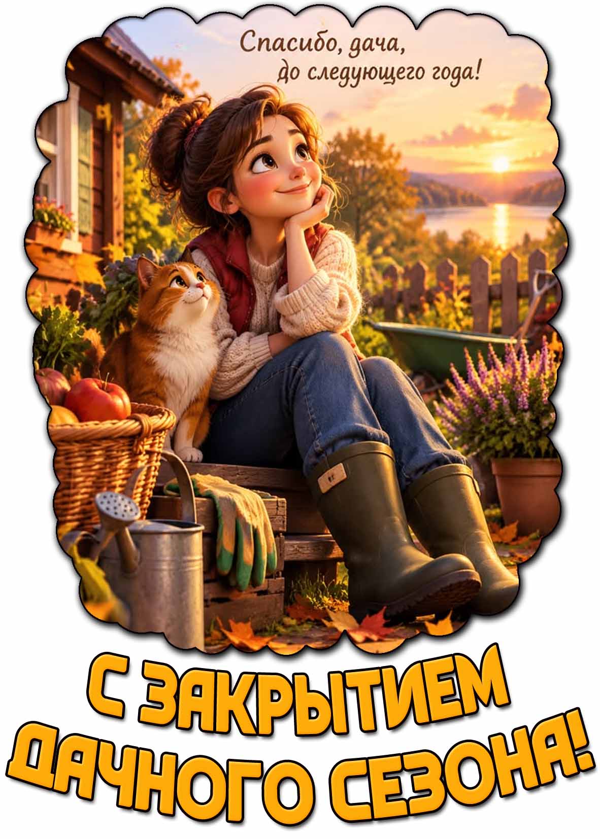 Прикольная открытка "С закрытием дачного сезона! Спасибо, дача, до следующего года!"