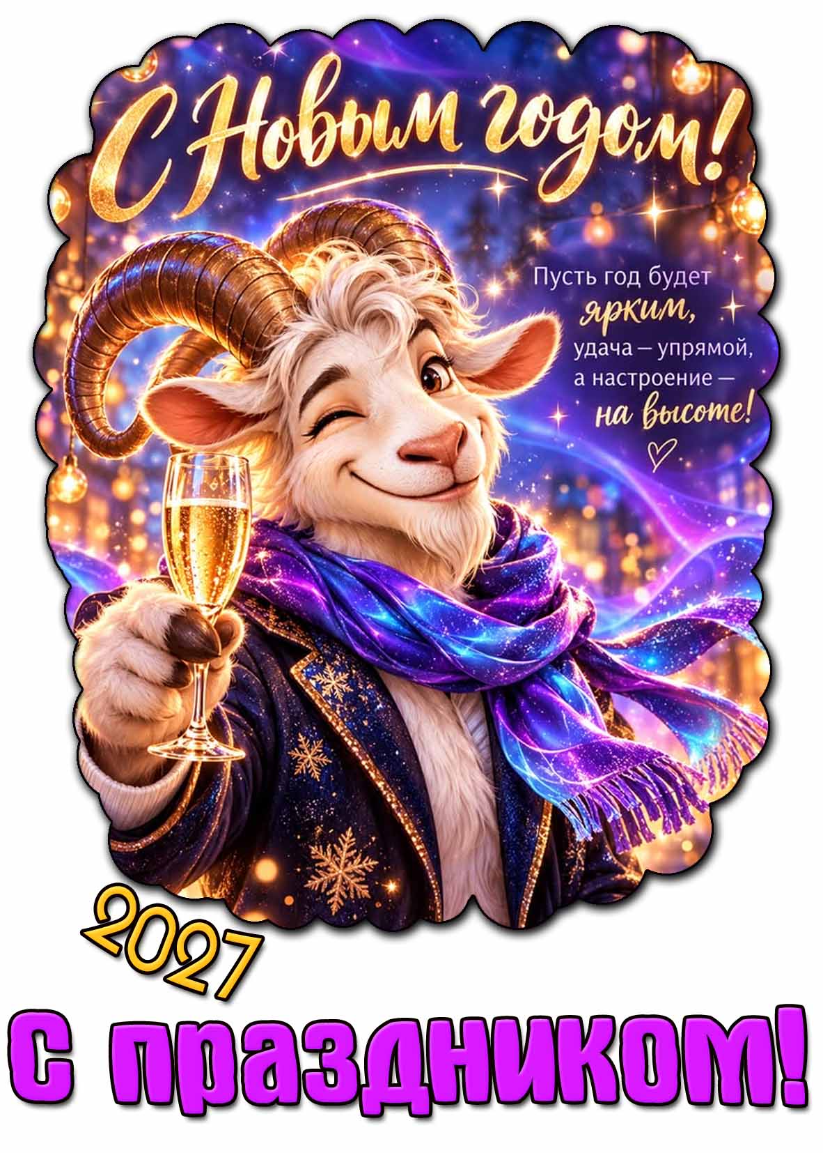 Прикольная открытка "С новым годом 2027! Пусть год будет ярким, удача - упрямой, а настроение - на высоте! С праздником!"