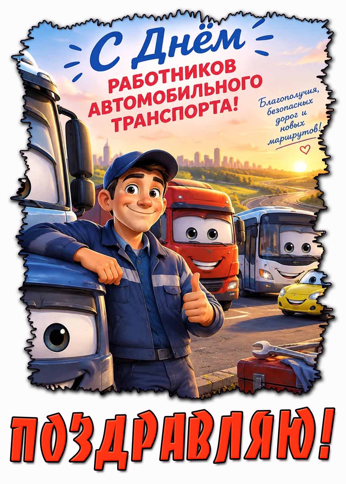Прикольная картинка "С днём работников автомобильного транспорта! Благополучия, безопасных дорог и новых маршрутов! Поздравляю!"