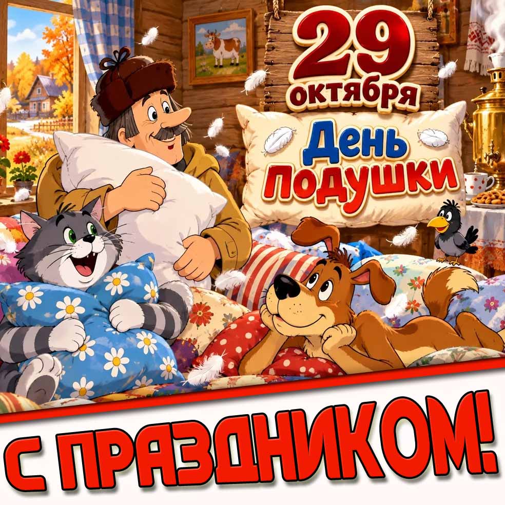 Прикольная картинка с Шариком, котом Матроскиным, почтальоном Печкиным из мультфильма "Простоквашино" к 29 октября - день подушки! С праздником! Прикольная мультяшная картинка 29 октября - день подушки! С праздником!