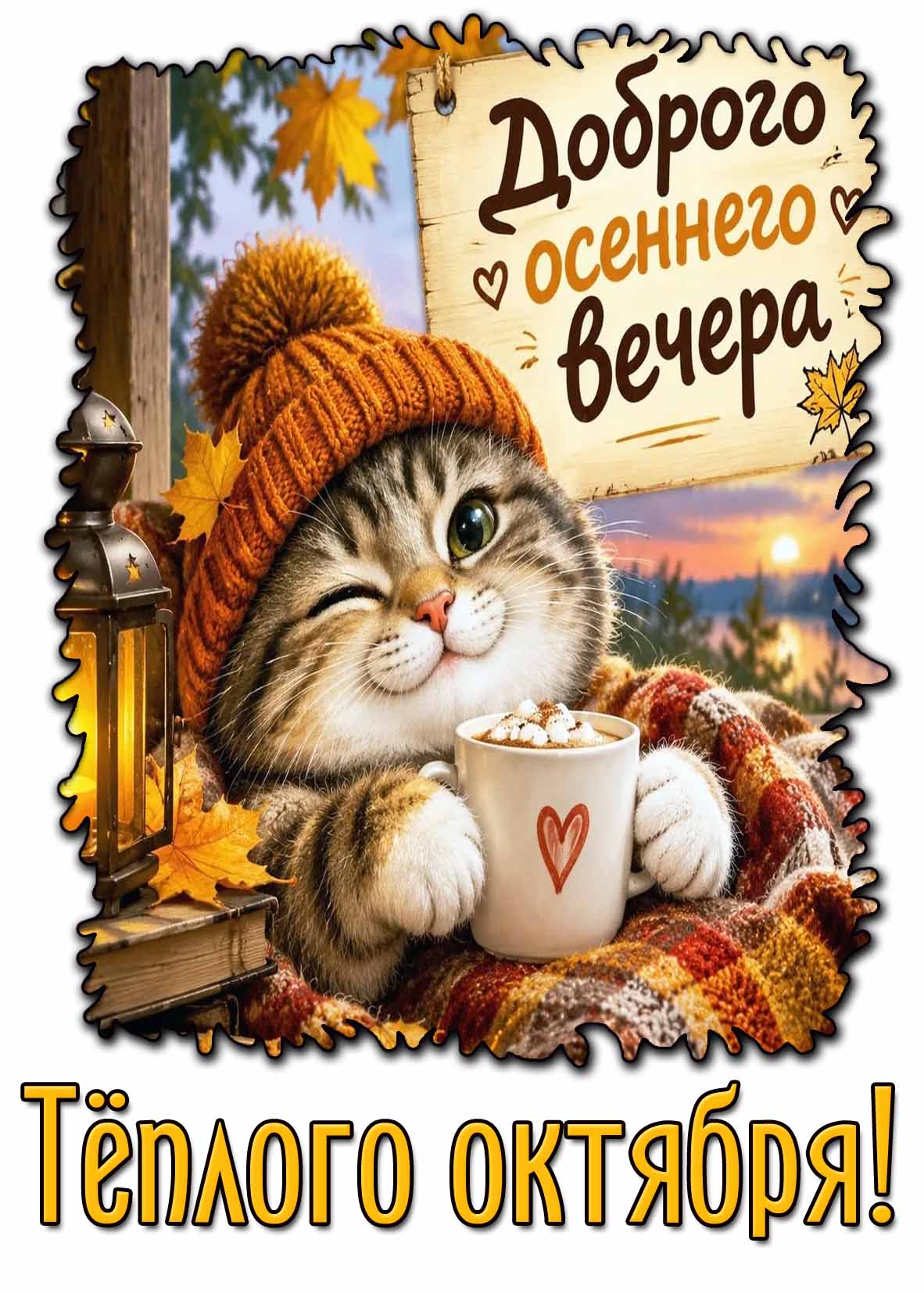 Прикольная открытка "Доброго осеннего вечера! Тёплого октября!"