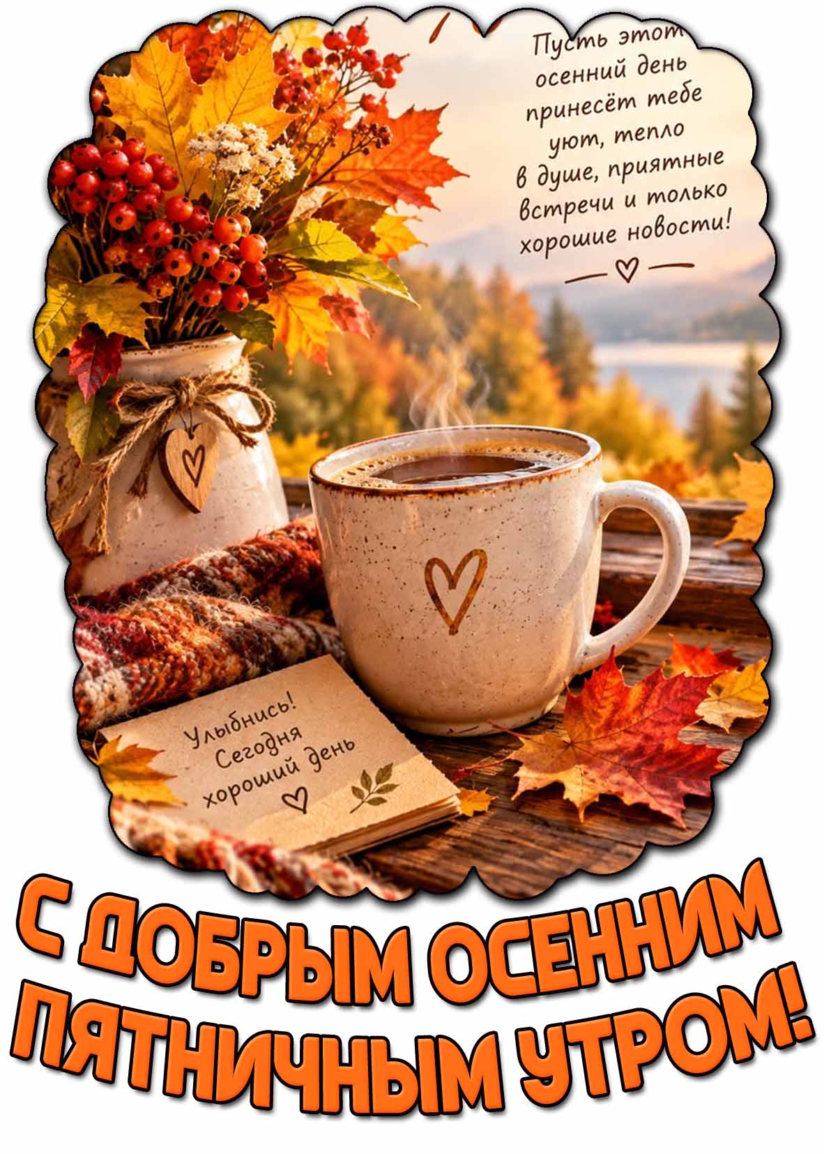 Открытка "С добрым осенним пятничным утром! Пусть этот осенний день принесёт тебе уют, тепло в душе, приятные встречи и только хорошие новости!"