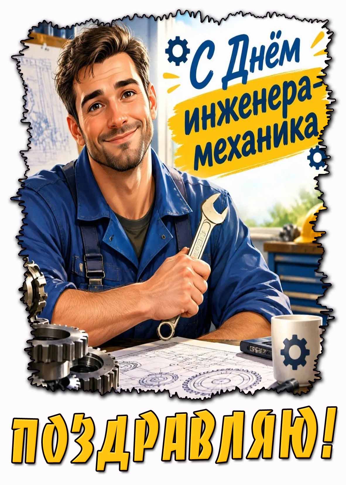 Красивая открытка с мужчиной с гаечным ключом за чертежами на столе и с надписью : С днём инженера-механика! Поздравляю!