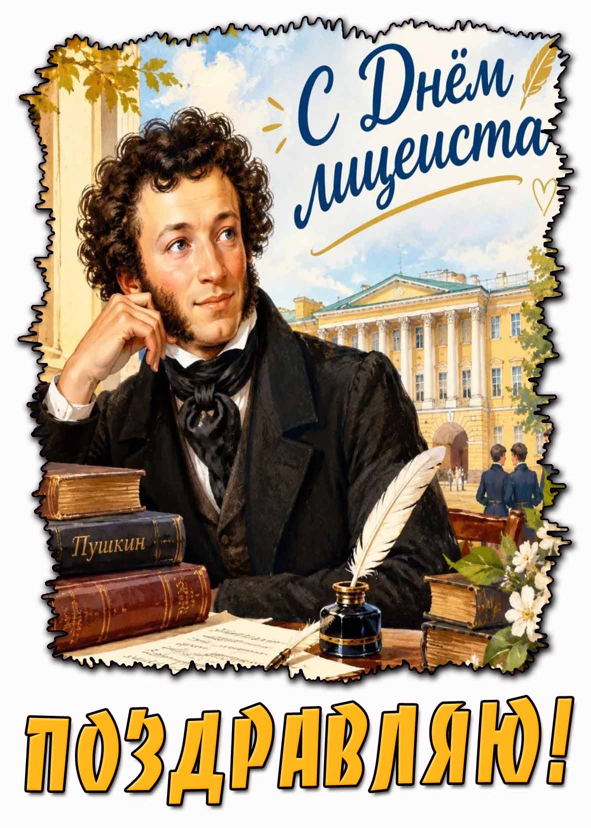 Красивая открытка с образом Пушкина А. С. за книгами и письмом на фоне царскосельского лицея и с надписью : С днём лицеиста! Поздравляю! С днём лицеиста! Поздравляю! - открытка с Пушкиным
