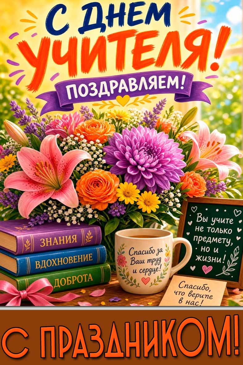С днём учителя! Поздравляем! С праздником! - картинка с пожеланиями и цветами