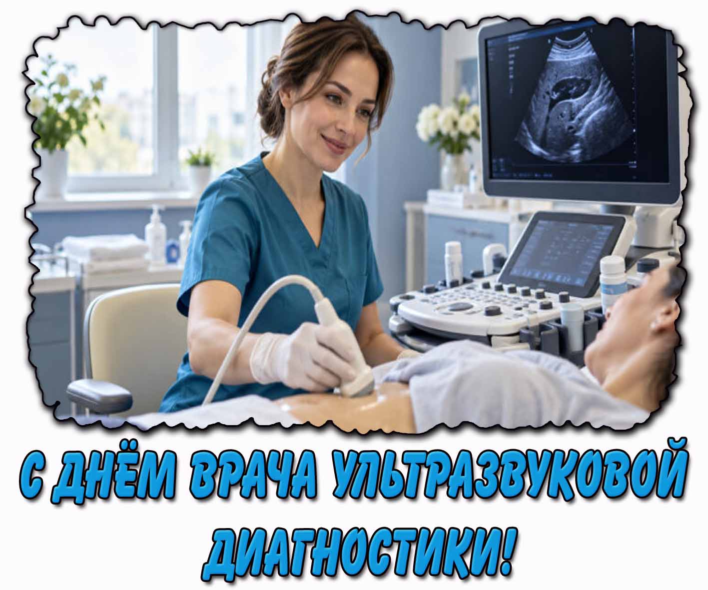 Стильная горизонтальная картинка с девушкой на УЗИ, чтобы поздравить женщину : С днём врача ультразвуковой диагностики! 