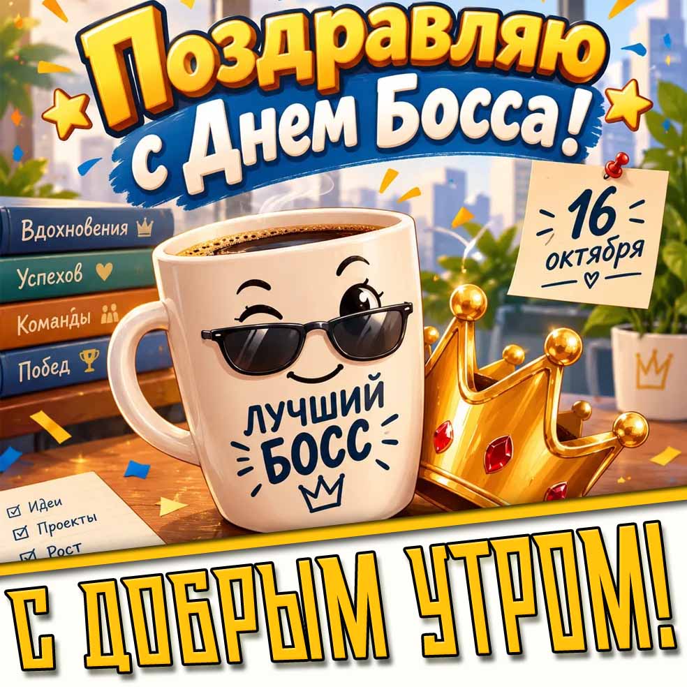 С добрым утром! Поздравляю с днём Босса! - картинка с кофе на 16 октября